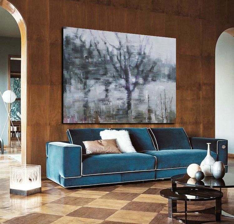 Extra Large Acrylic Painting On Canvas,Horizontal Abstract Landscape Oil Painting On Canvas,Hand Paint Large Clean Modern Art,Grey,Purple,Dark Green.etc